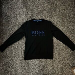 BOSS Men's Black Crewneck Sweater with Blue Logo